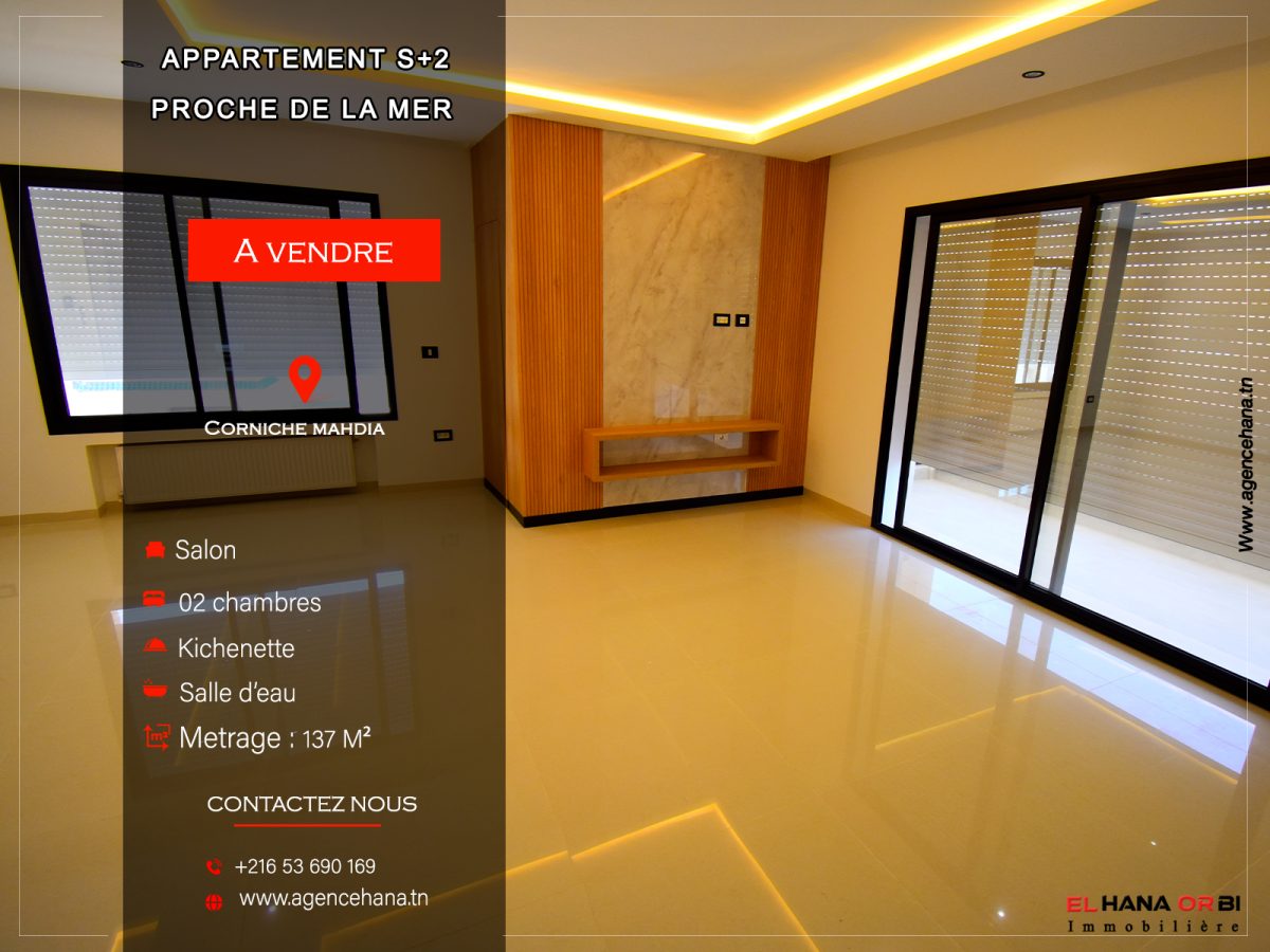 à vendre s+2 vue sur mer latéral luxe et neuf à corniche mahdia